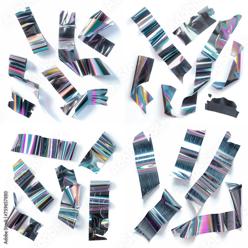 ai generated photo set of pieces of silver blue iridescent tape sticker isolated on a white background, in different shapes and sizes. Shiny colorful 3D effect of plastic film with crumpled edges.