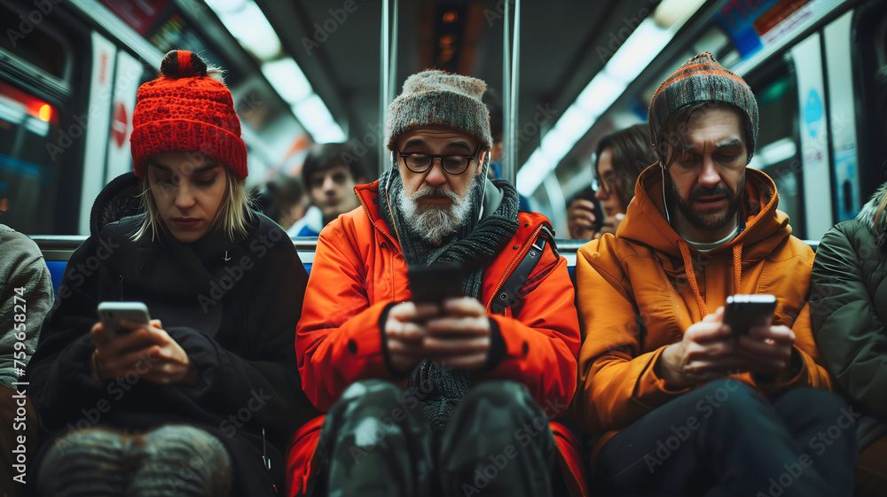 Diverse group of people sitting at subway train and looking at their phones, distraction concept, lifestyle, transportation