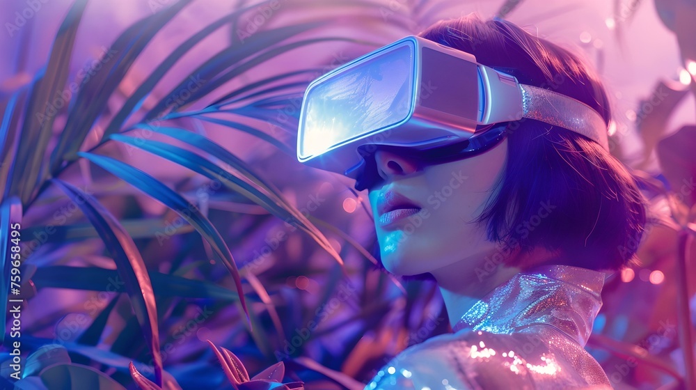 Futuristic VR experience with a person immersed in virtual reality. neon lights and modern design illustrate cutting-edge technology usage. AI Futuristic VR experience with a person immersed in virtual reality. neon lights and modern design illustrate cutting-edge technology usage. AI