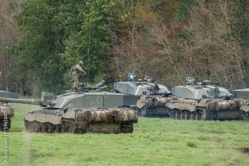 a squadron of British army FV4034 Challenger 2 ii main battle tanks preparing for a military exercise, Wilts UK