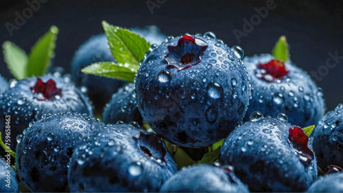 Fresh blueberries with water drops on a black background. Close-up