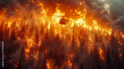 A rescue fire helicopter extinguishes a forest fire with water