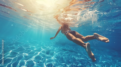 Sensazione di libertà e leggerezza mentre un ragazza nuota nella acque di un mare cristallino photo