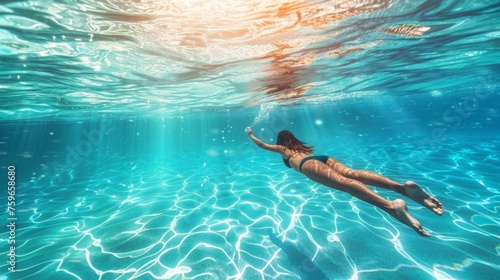 Sensazione di libertà e leggerezza mentre un ragazza nuota nella acque di un mare cristallino photo