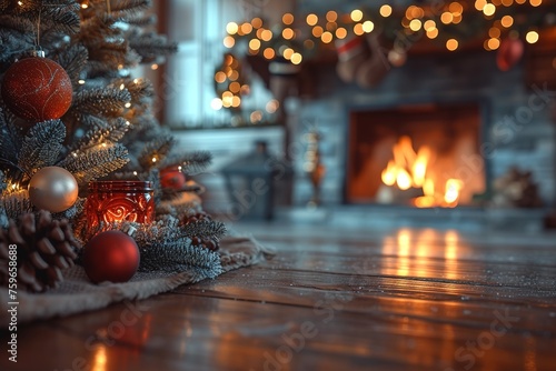 fireplace with christmas decorations  cosy home interior background Table top with blurred fireplace