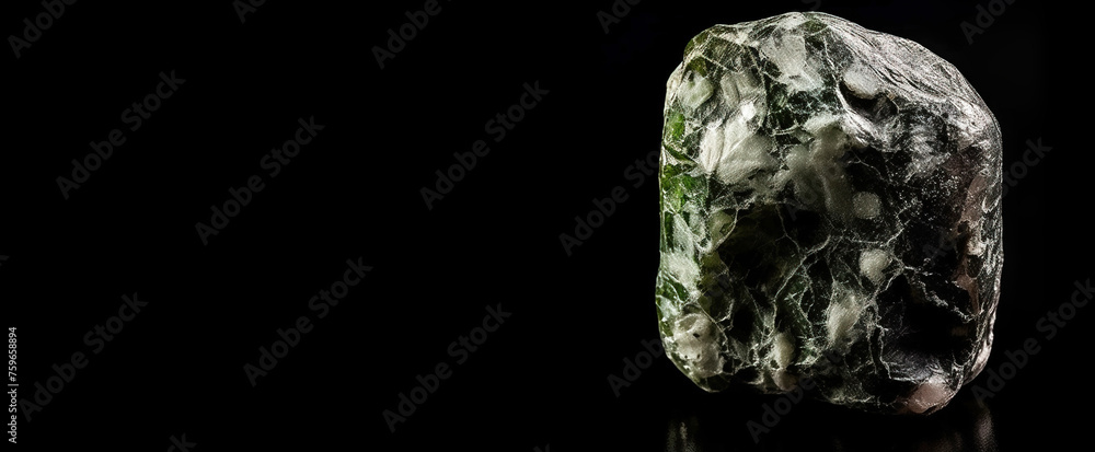 Baratovite is a rare precious natural stone on a black background. AI generated. Header banner mockup with space.