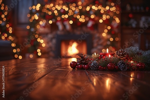 fireplace with christmas decorations  cosy home interior background Table top with blurred fireplace