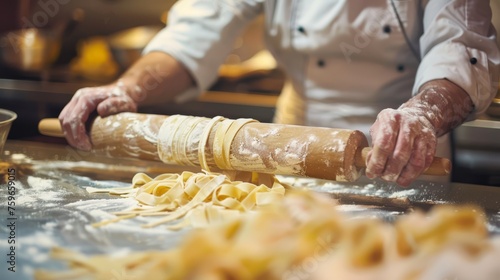 chef stende le sfoglie di pasta fresca con il mattarello

 photo