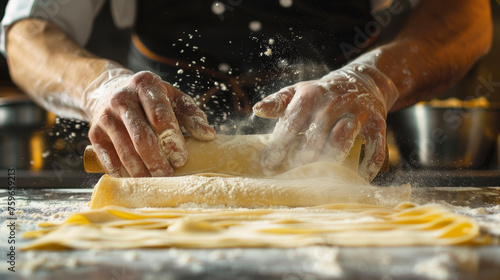 chef stende le sfoglie di pasta fresca con il mattarello

 photo