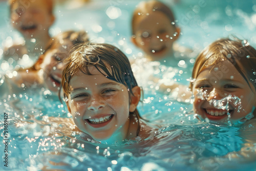 Gruppo di bambini felici che imparano a nuotare durante una lezione in piscina