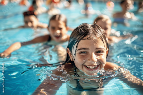 Gruppo di bambini felici che imparano a nuotare durante una lezione in piscina photo