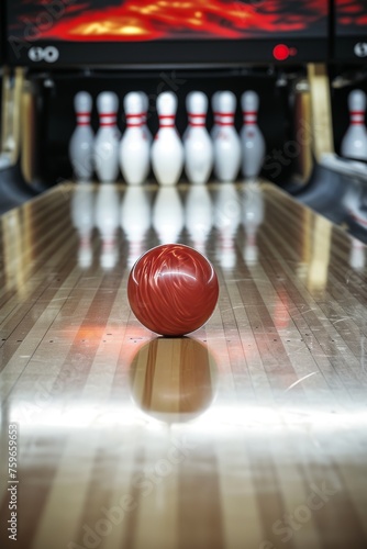 Intense Mid-Action Shot of a Bowling Ball Racing Towards Pins at a Gleaming Alley