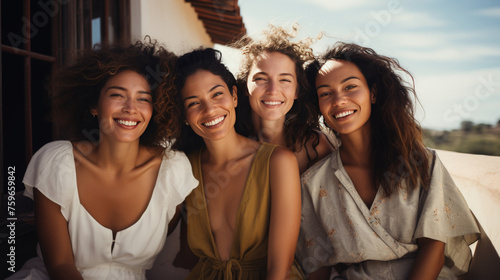 Four women are sitting on a balcony, smiling and posing for a photo photo