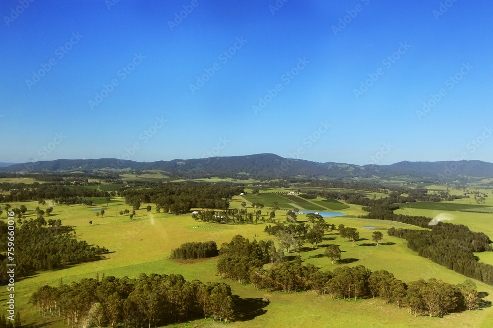 Aerial view of green paddocks and vineyards in the Hunter Valley Aerial view of green paddocks and vineyards in the Hunter Valley