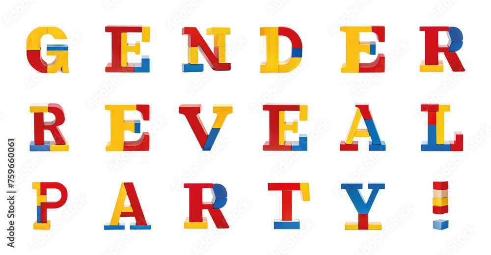 Gender Reveal Party in 3D colorful font from wooden toy blocks Gender Reveal Party in 3D colorful font from wooden toy blocks