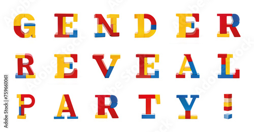 Gender Reveal Party in 3D colorful font from wooden toy blocks