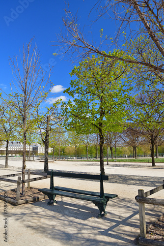 Paris  France. The scenery with chairs in the Tuileries Garden. April 7  2021.