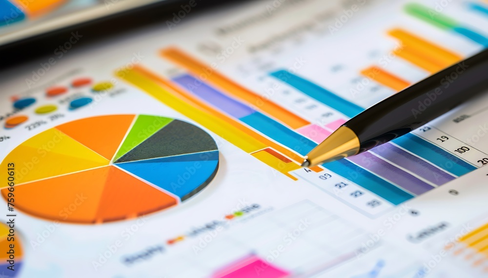 Close-up Examination of Vibrant Economic Data, Pen Highlighting Key Figures in Pie Charts and Bar Graphs Close-up Examination of Vibrant Economic Data, Pen Highlighting Key Figures in Pie Charts and Bar Graphs