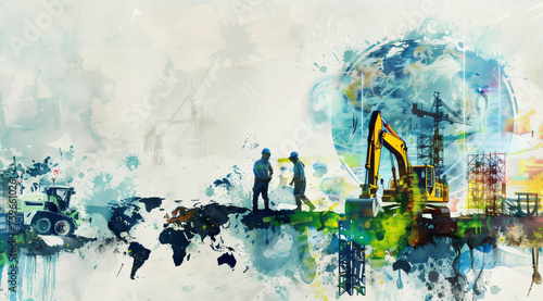 abstract collage featuring construction equipment and planetary elements © alex