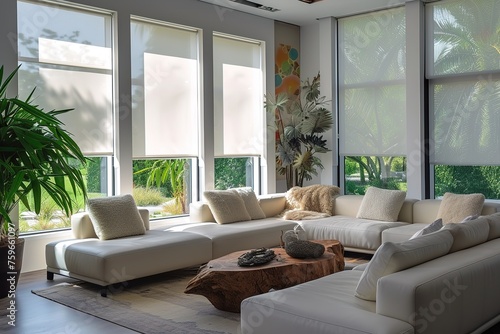 Interior roller blinds are installed in the living room  featuring white colored roller shades on the windows. Within the same room  there are also a houseplant and a sofa present.