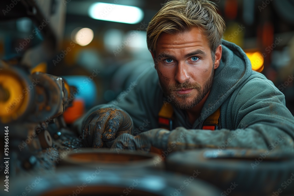 Skilled mechanic diligently examines complex vehicle machinery in a garage Skilled mechanic diligently examines complex vehicle machinery in a garage