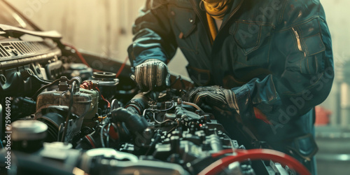 A focused mechanic with gloves fixes car engine parts, set in a well-equipped garage with tools in the background