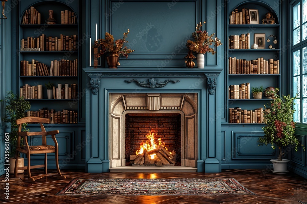 Large traditional fireplace with roaring fire. Empty mantle piece mockup shelf.