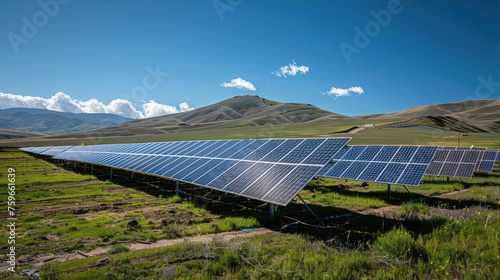 Solar panels on sloped land with mountains in the background