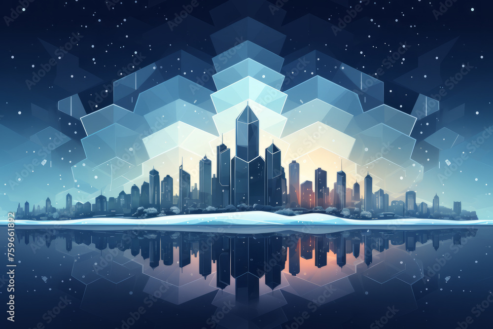 Concept illustration of winter city inside snowflake shape border