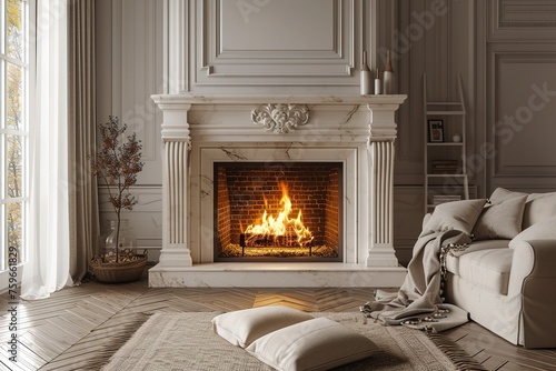Large traditional fireplace with roaring fire. Empty mantle piece mockup shelf