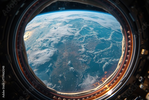 A breathtaking perspective of planet Earth as seen through the window of a spacecraft, with oceans and clouds