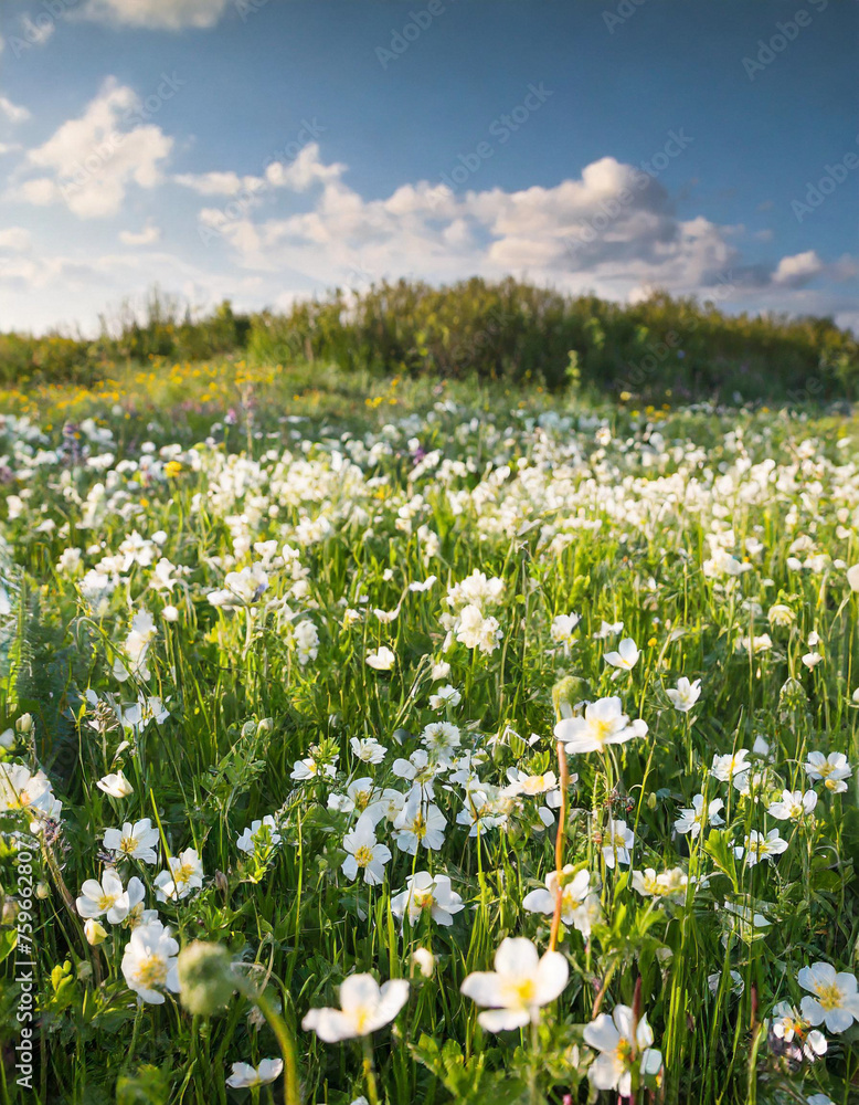 meadow with flowers, spring,  white flowers, colorful flowers 