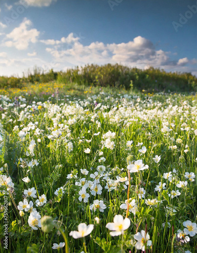 meadow with flowers  spring   white flowers  colorful flowers 