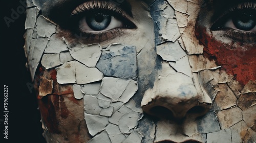 Vintage collage with torn paper, eye and woman in frame style on cracked photographic film