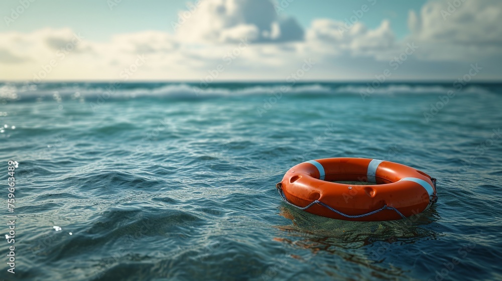 Orange Life Preserver Floating in Ocean on Sunny Day with Clouds in Background Safety at Sea Concept