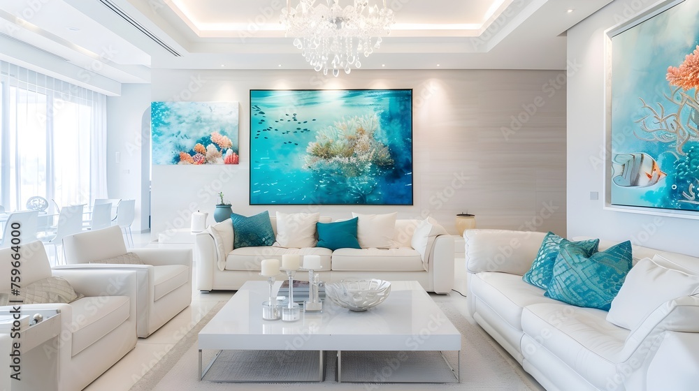 Bright Living Room adorned with Turquoise Cushions and an Alluring Abstract Painting of an Underwater Scene Bright Living Room adorned with Turquoise Cushions and an Alluring Abstract Painting of an Underwater Scene