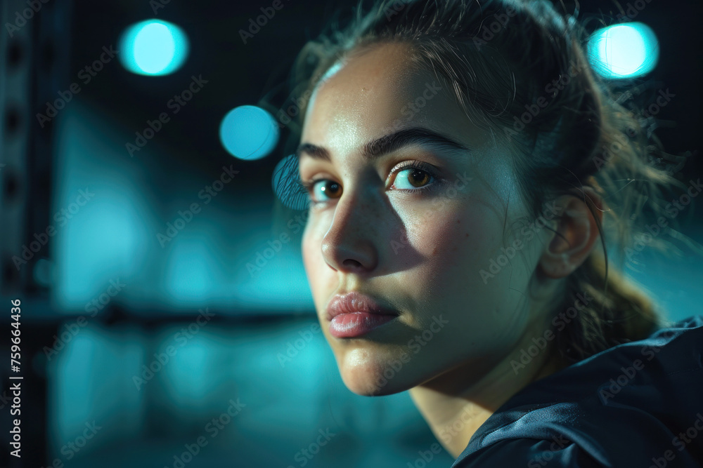 Determined Female Athlete with Focused Gaze Ready for Nighttime Training Session at Gym Determined Female Athlete with Focused Gaze Ready for Nighttime Training Session at Gym