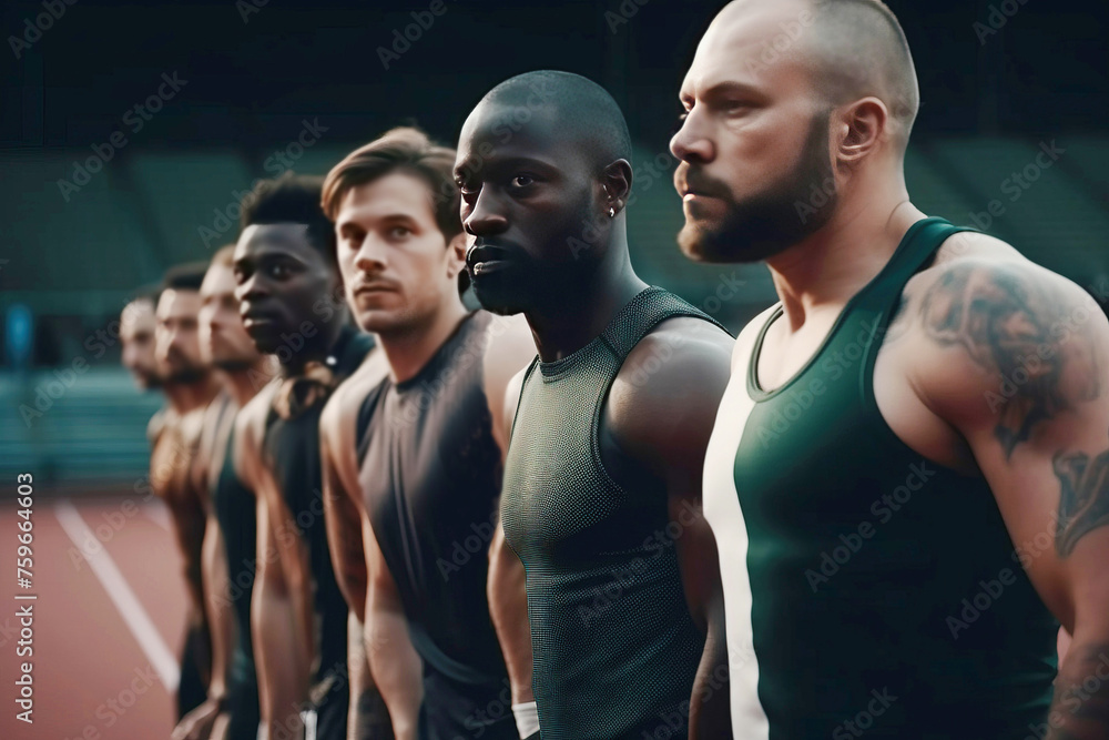 Obraz premium Group International athletes on running track at stadium at start of race competition.