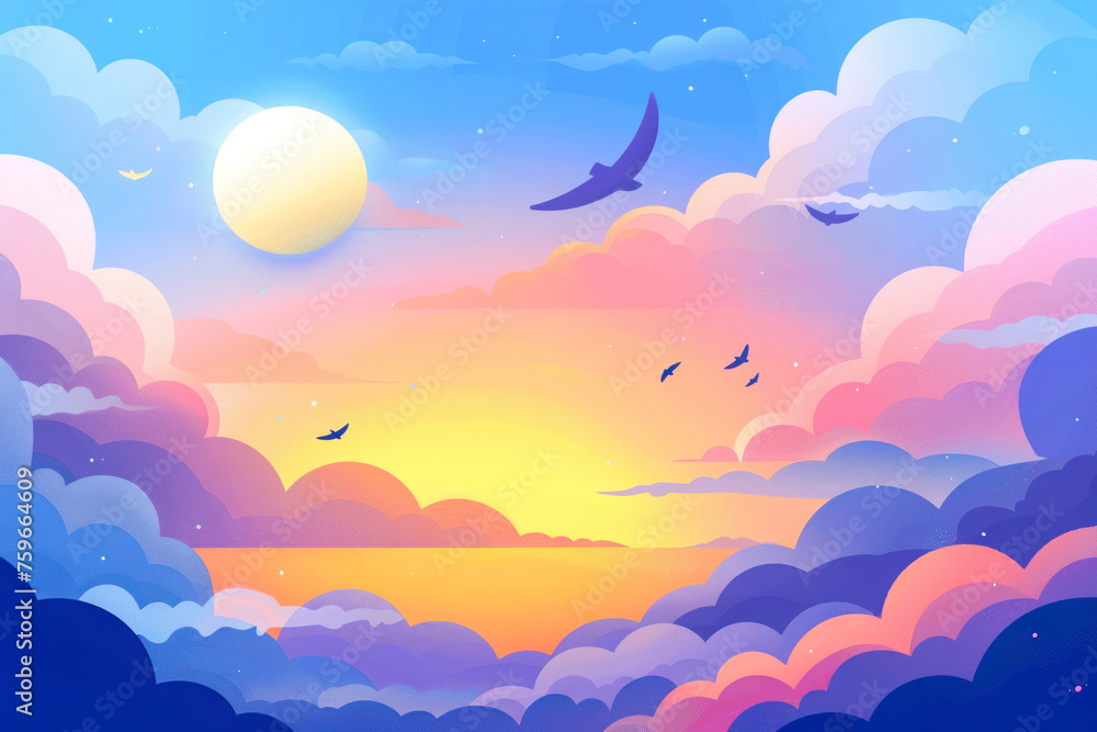 Sky and Clouds, Beautiful Background. Stylish design with a flat, cartoon poster.