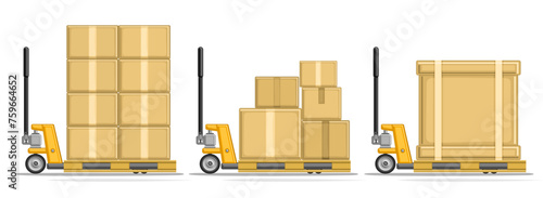Vector set of Pallet Trucks, horizontal header with isolated illustrations of profile side view pallet jack with pile of paper boxes, warehouse pallet jack with large wooden box on white background