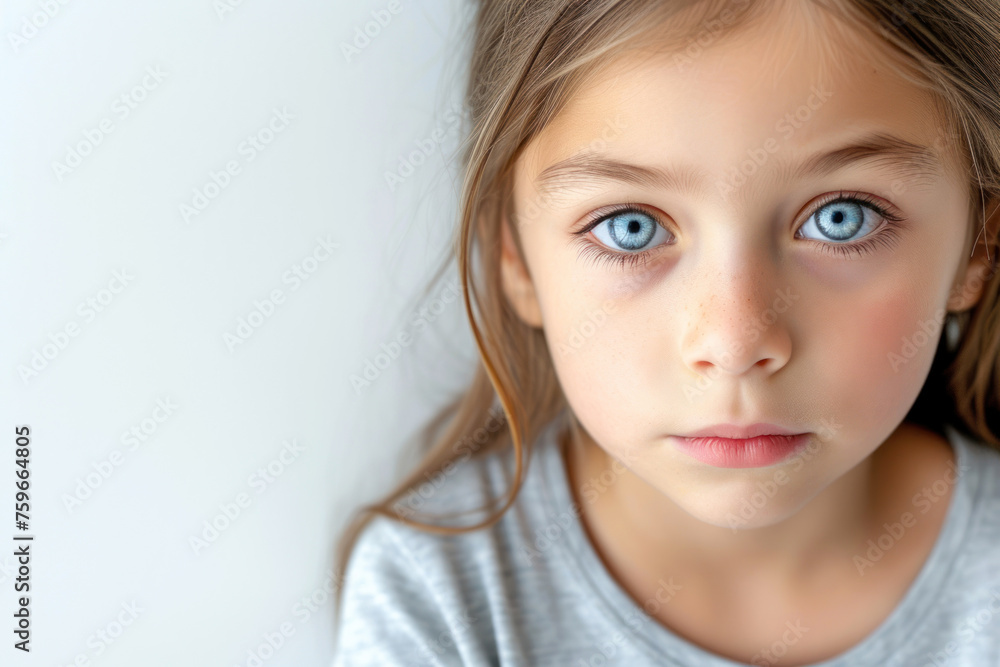 Little Girl with Tearful Eyes and Pained Expression on White Background, Emotion Concept Little Girl with Tearful Eyes and Pained Expression on White Background, Emotion Concept
