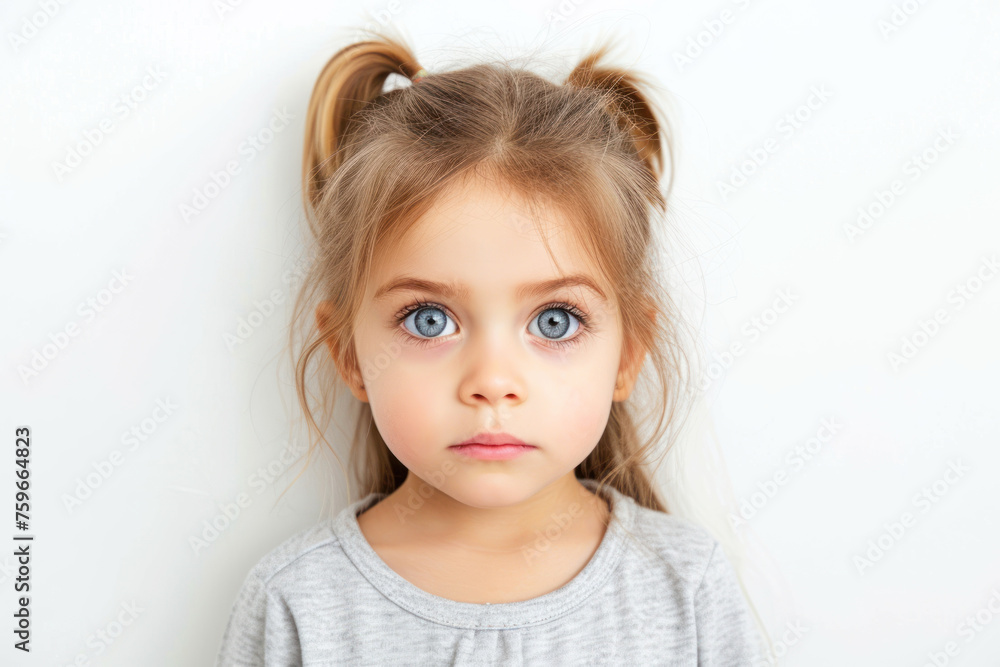 Little Girl with Tearful Eyes and Pained Expression on White Background, Emotion Concept Little Girl with Tearful Eyes and Pained Expression on White Background, Emotion Concept