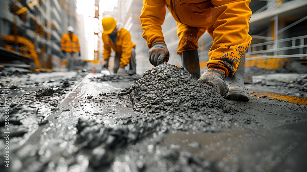 Fototapeta premium silhouette construction worker Concrete pouring during commercial concreting floors of building in construction site and Civil Engineer or Construction engineer inspect work.