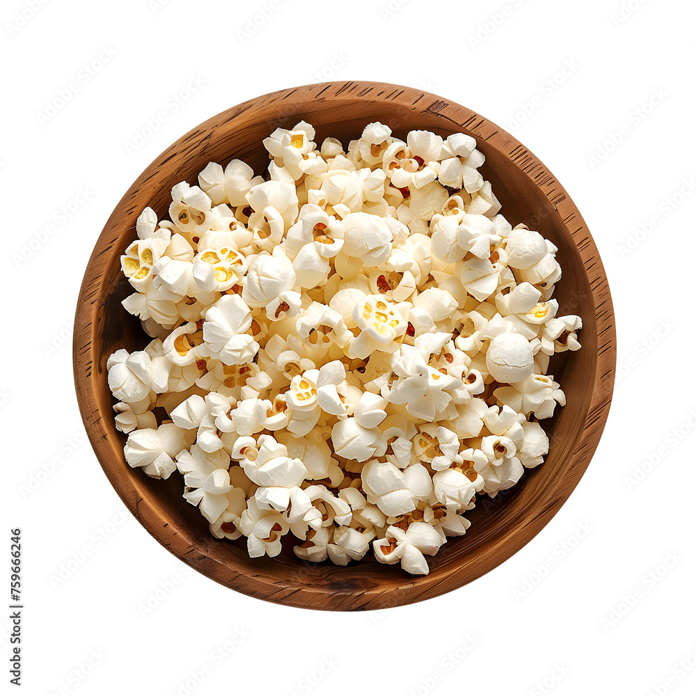 Popcorn in a wooden bowl isolated on transparent background Generative Ai Popcorn in a wooden bowl isolated on transparent background Generative Ai