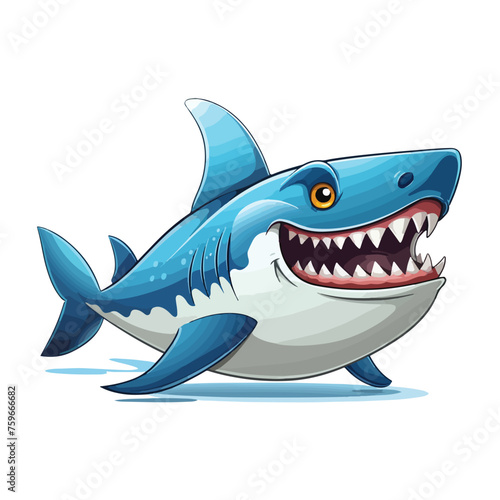 Cartoon shark with a bitten surfboard. Vector clip