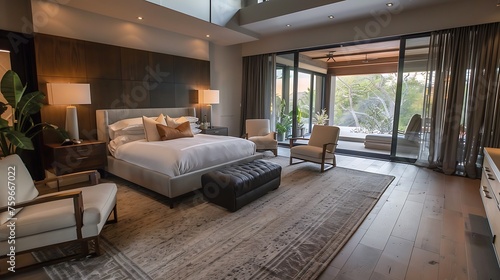 Modern style large bedroom with a platform bed and a sitting area featuring a pair of armchairs and a coffee table
