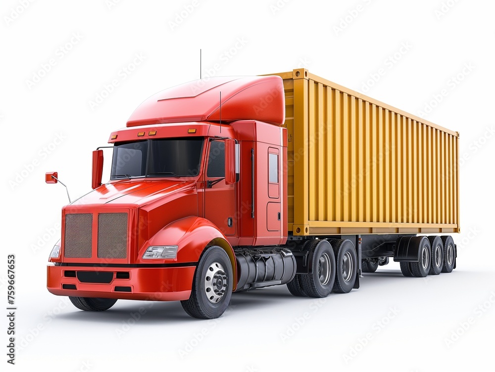 American red cargo truck with yellow container on white background moving right to left isolated on white background American red cargo truck with yellow container on white background moving right to left isolated on white background