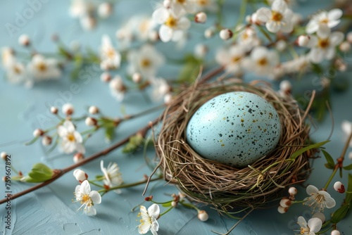 easter egg in an empty nest on blue background