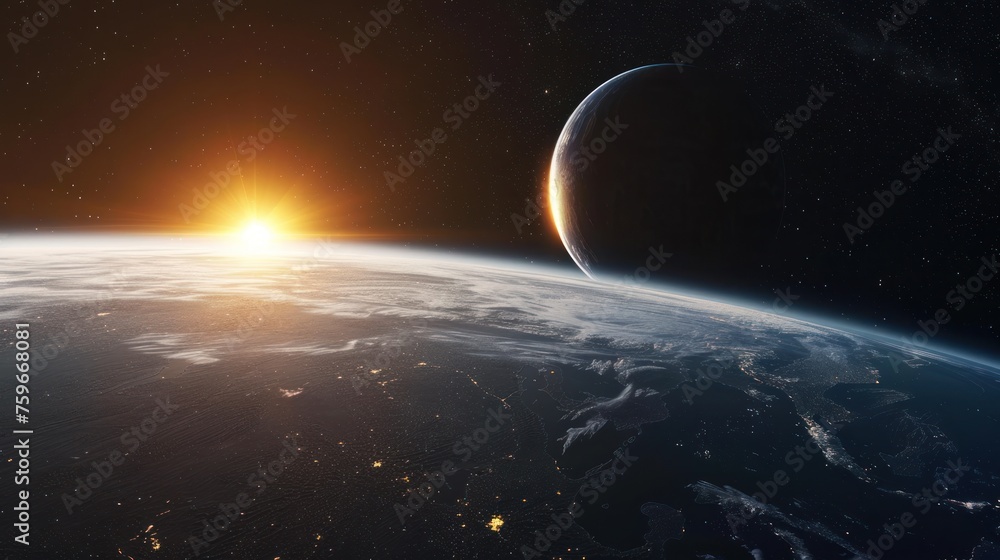 Planet Earth with a sunrise and the moon in space Planet Earth with a sunrise and the moon in space