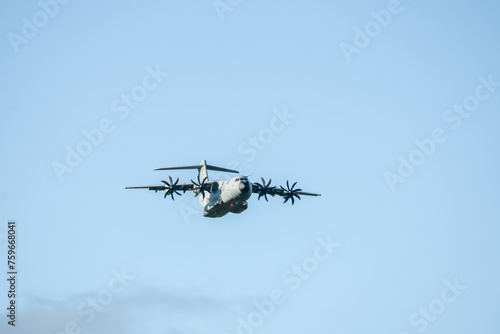 Fototapeta Naklejka Na Ścianę i Meble -  RAF Royal Air Force Airbus A400M Atlas military transport plane on a cargo parachute drop run over Wiltshire UK